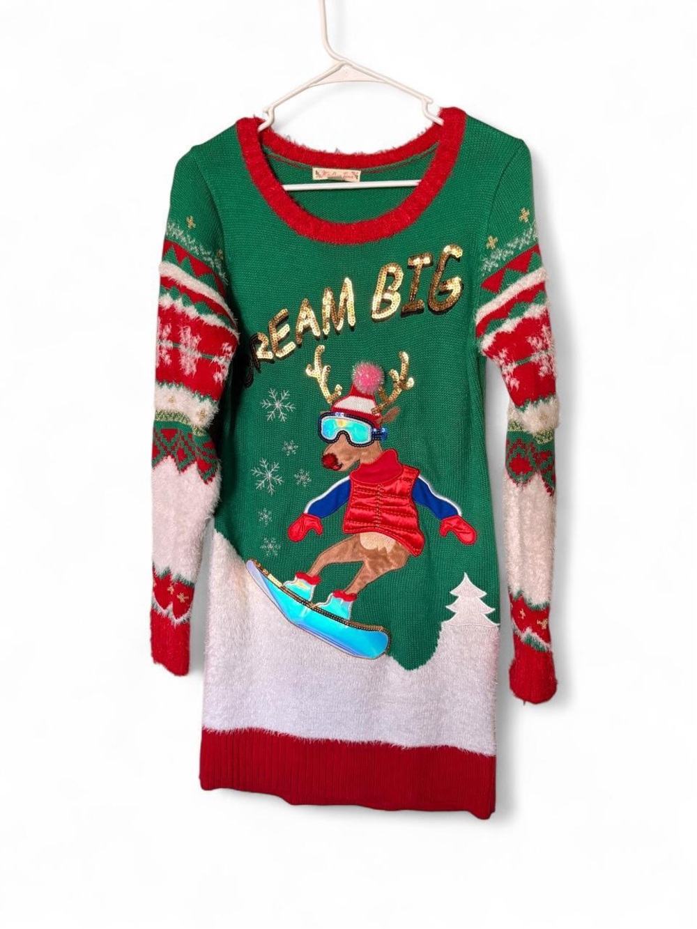 Dream Big Green Ski Holiday Sweater Dress M